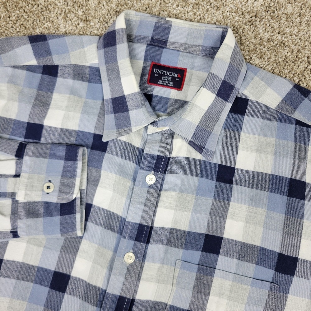 Untuckit Slim Fit Mens Large White Gray Plaid Button Up Long Sleeve